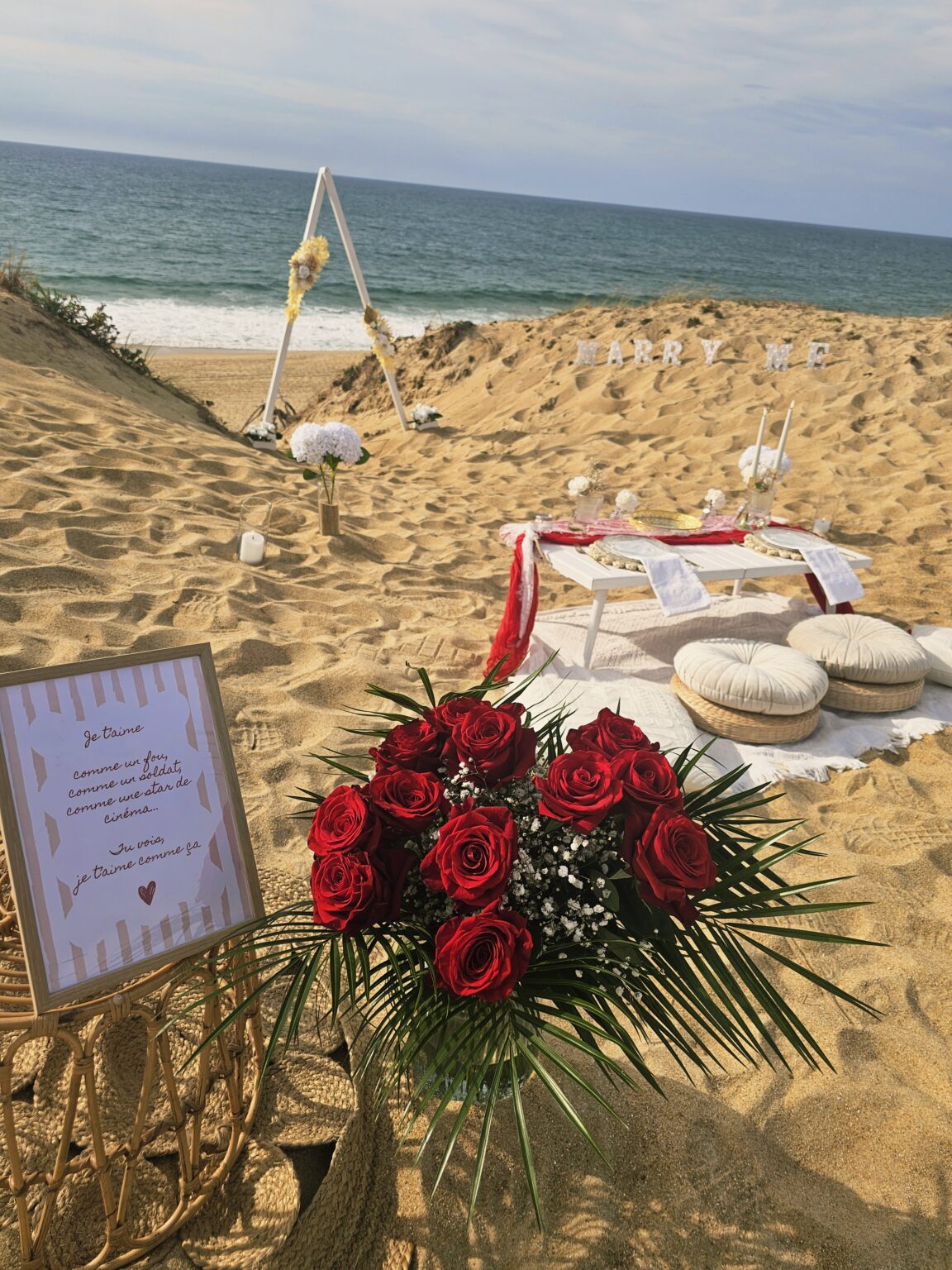 Picnic chic et boheme de demande en mariage, plage coucher de soleil face à l'océan